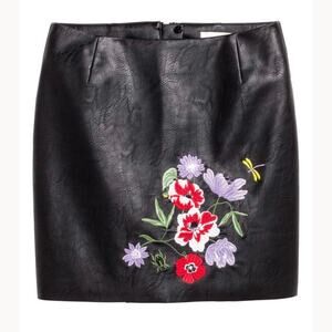 H&M Black Floral Embroidered Vegan Leather Skirt 4